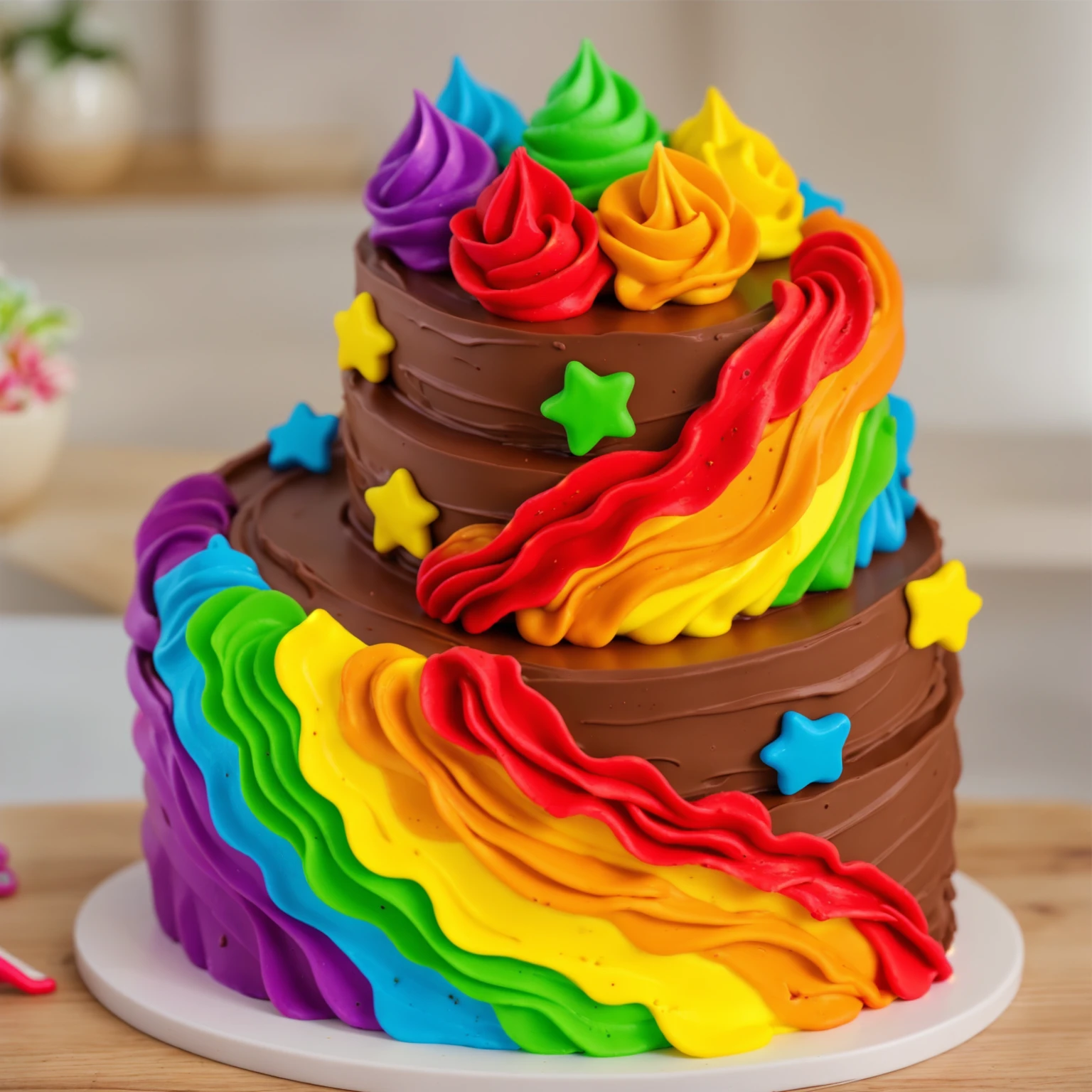 on a wooden table. there is a white plate. double tier chocolate cake ((chocolate cream texture, strokes of a pastry spatula)), rainbow cream in stitches, decorated with rainbow stars made of polymer clay, multi-colored cream on top ((cream highlights)), on the table there is a checkered tablecloth and star cornets made of polymer clay. against the background of the kitchen, vase with plant, Fruit basket, kettle, shelf with kitchen utensils. Beautiful light from the window, contour light, Multiple light sources, beautiful lighting, Bright light source, bright lighting, beautiful light sources, Multiple light sources, Realistic style , realistic texture, detailed texture, A high resolution, high quality, macro photography