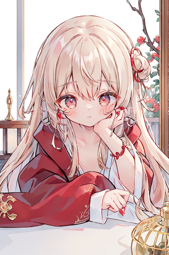 (On the table、8K、masterpiece、best quality)exist、((Half up, half down、))Cookie Hairpins、Red eyes、white hair、Long-term、Fluffy hair、red claw、apple earrings、exquisite eyes、Brown coat、light brown sweater、((((upper part of body))))viewer's perspective、contour、side of body