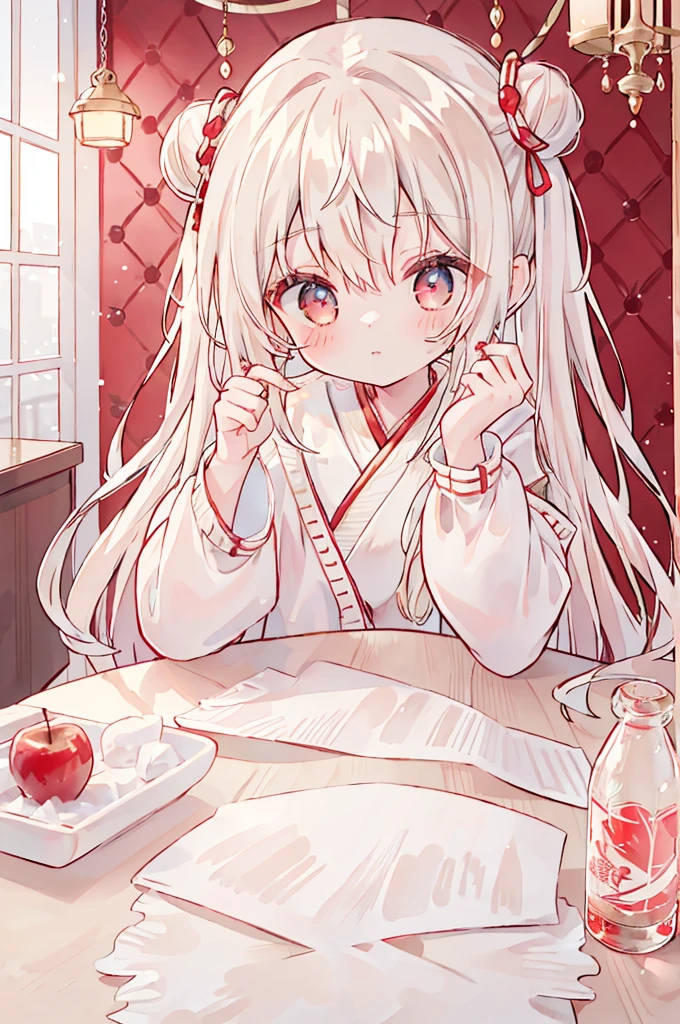 (On the table、8K、masterpiece、best quality)exist、((Half up, half down、))Cookie Hairpins、Red eyes、white hair、Long-term、Fluffy hair、red claw、apple earrings、exquisite eyes、Brown coat、light brown sweater、((((upper part of body))))viewer&#39;s perspective、contour、side of body
