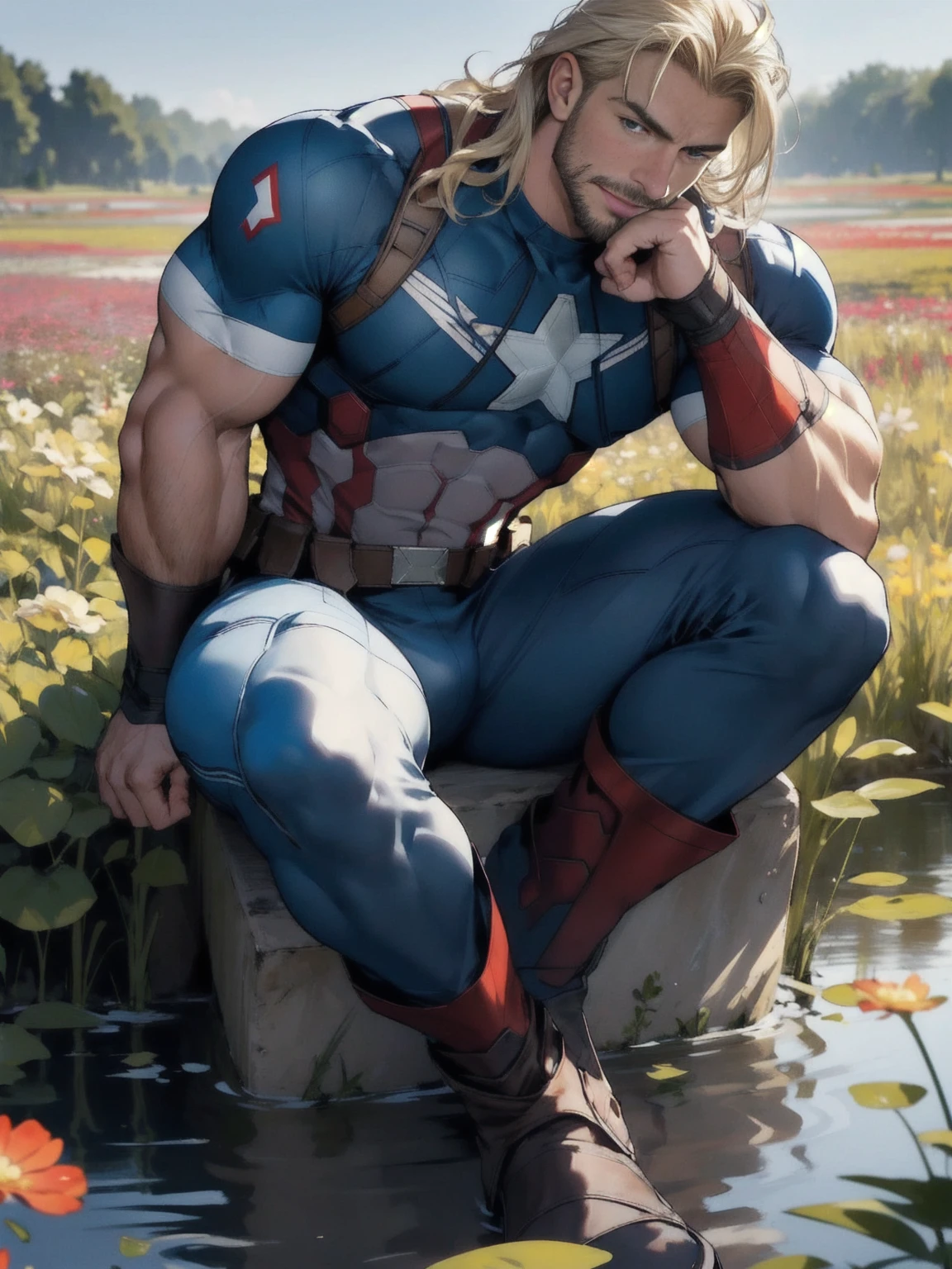 Highest quality, masterpiece,Ultra-high resolution,Detailed Background,Realistic,1 person,alone,male,Muscular,mature male,captain america,goatee facial hair,blond hair, long hair,Sitting,water,Flower Field,True shadow and light