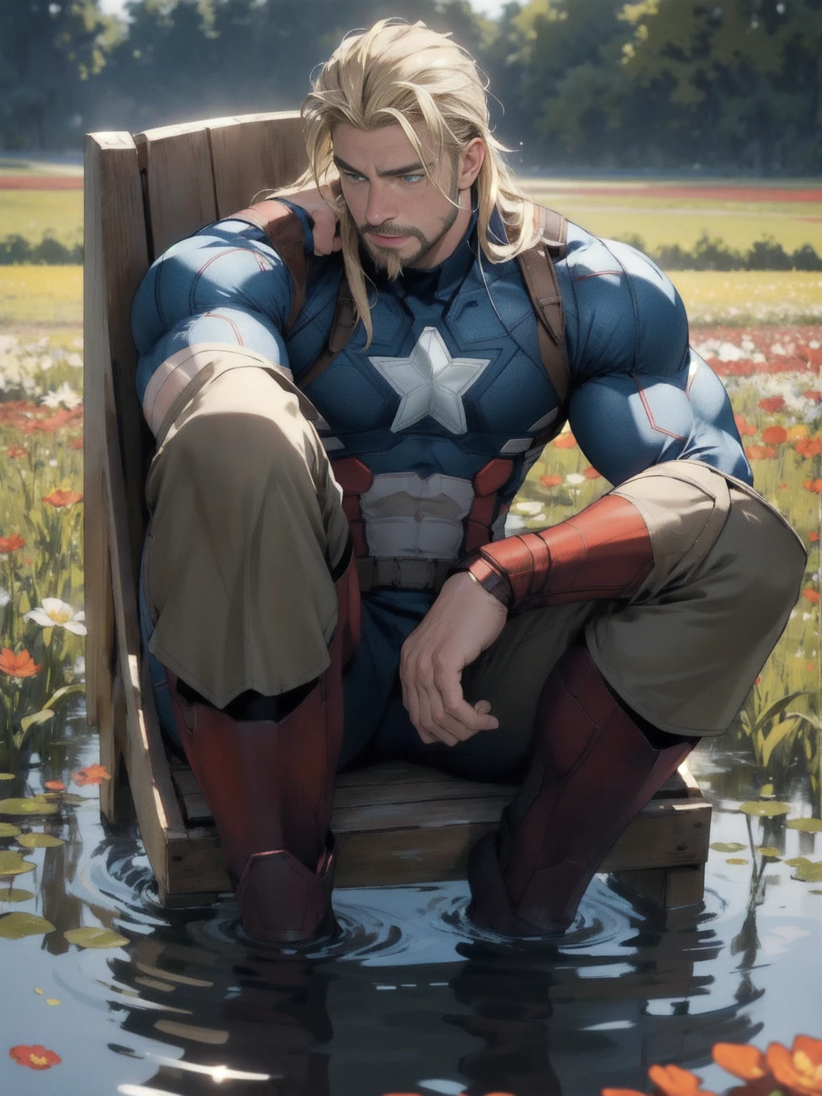 Highest quality, masterpiece,Ultra-high resolution,Detailed Background,Realistic,1 person,alone,male,Muscular,mature male,captain america,goatee facial hair,blond hair, long hair,Sitting,water,Flower Field,True shadow and light