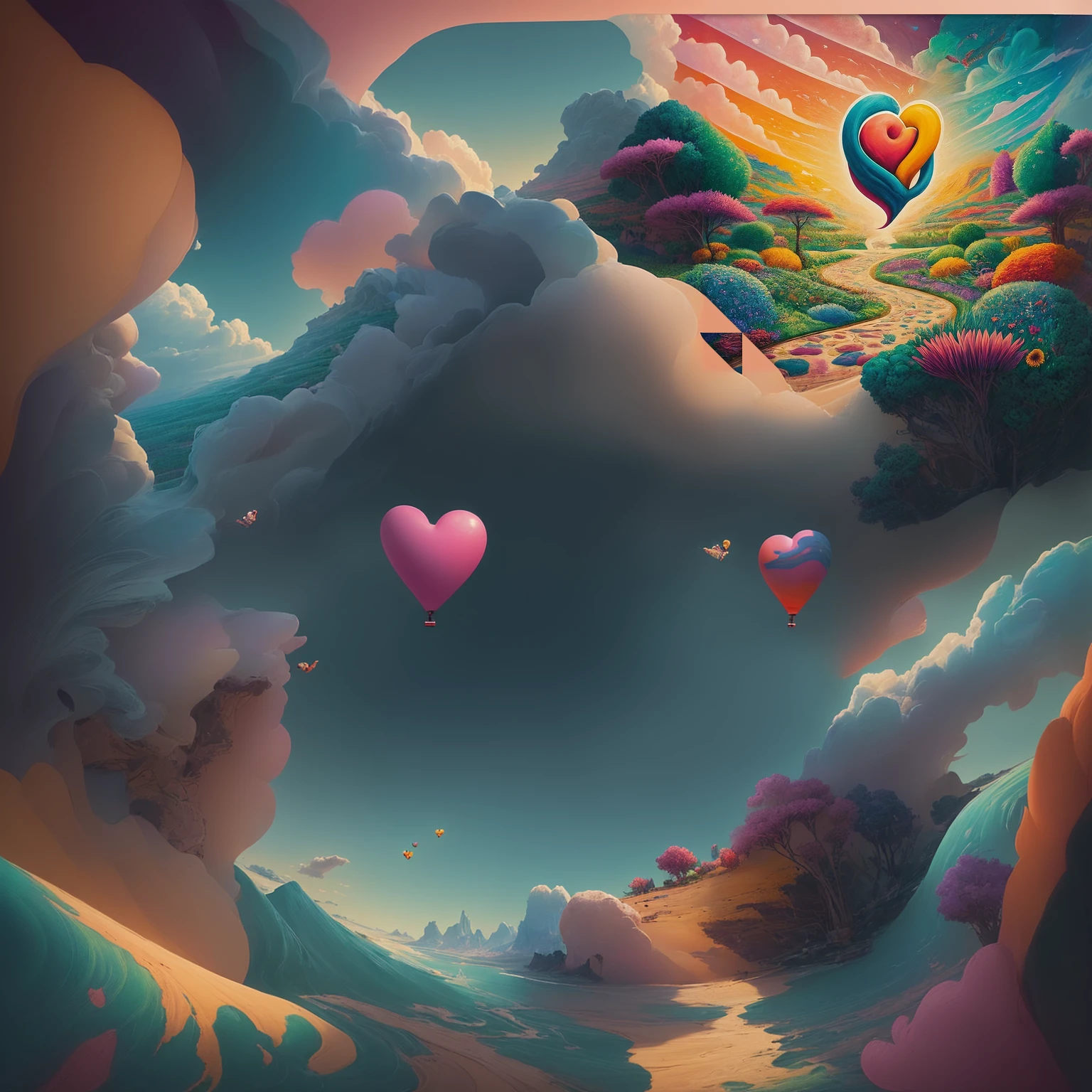 painting of a heart shaped balloon flying over a colorful landscape, beeple and jeremiah ketner, beeple and tim hildebrandt, jen bartel, by Justin Gerard, dan mumford and albert bierstadt, inspired by Cyril Rolando, beeple and greg rutkowski, inspired by Tim Hildebrandt, beeple and james jean, el bosco and dan mumford