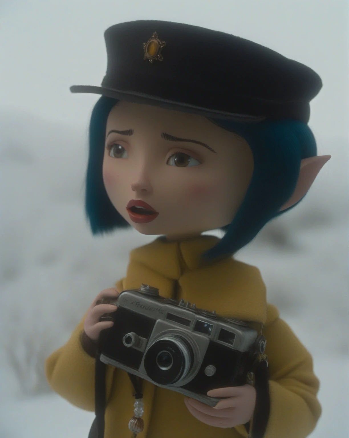 arafa doll holding a camera in a snowy area, eve elf, at once films, coralline, like a clay character, camera looking at her, the'other mother'from'coralline ', 2d movie still, animated film still, animated film, animation filming, animated cinematography, Amélie foal, animated film still, at once, dark fantasy, 80s, fantasy style