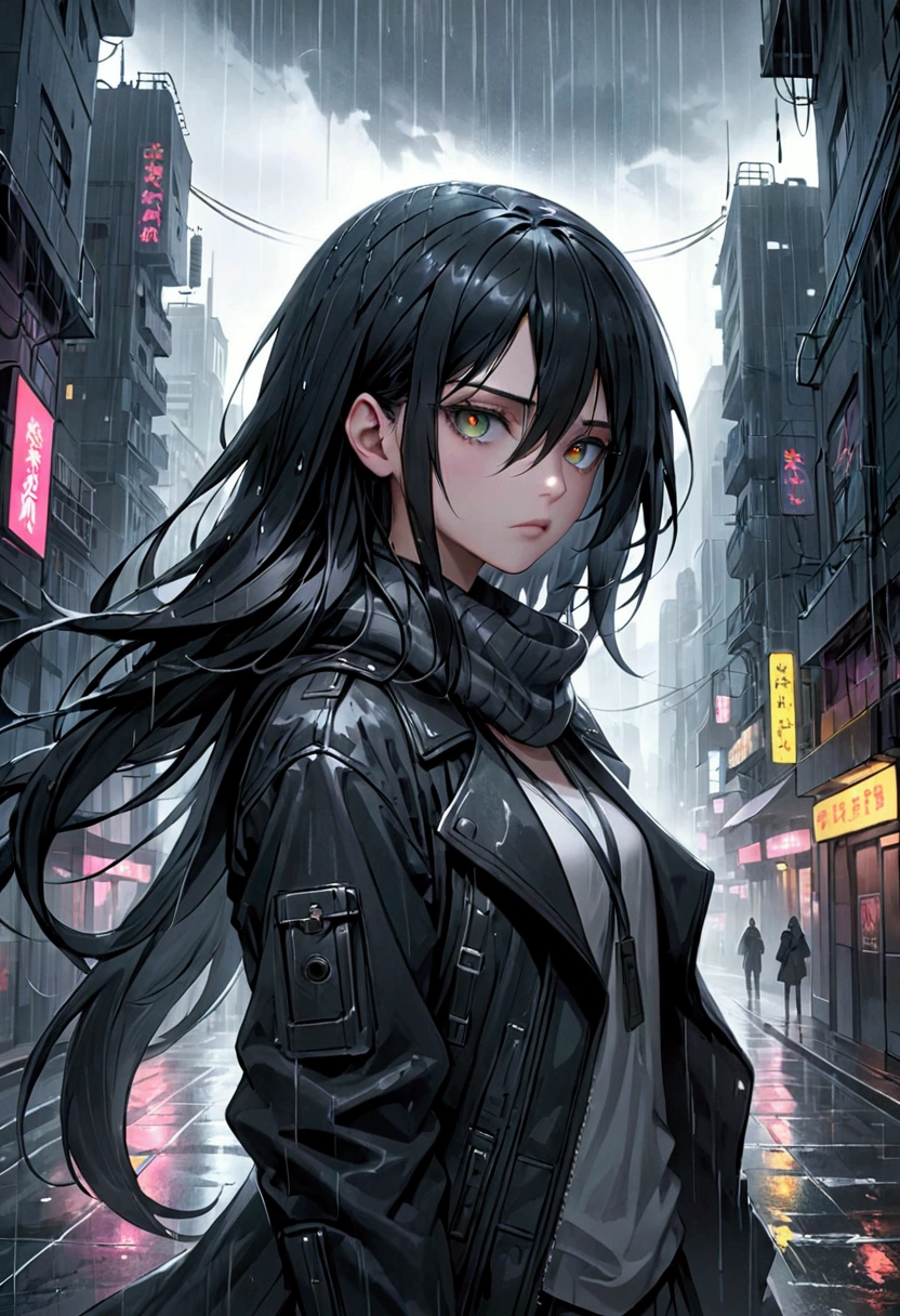 1girl, long black hair, beautiful silver eyes, a black jacket, scar on eye, menacing, gray scarf, raining, cyberpunk city