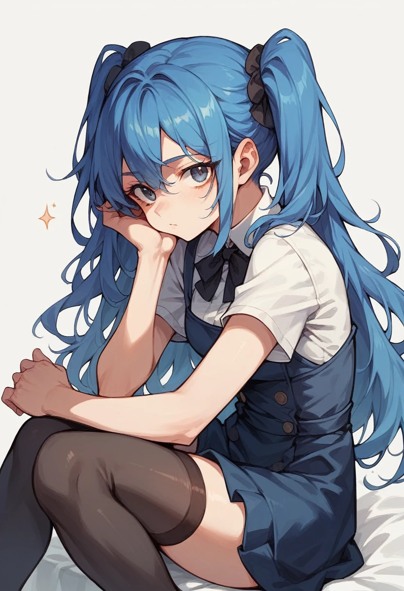 anime style,girl,straight face,front,blue hair,black stockings