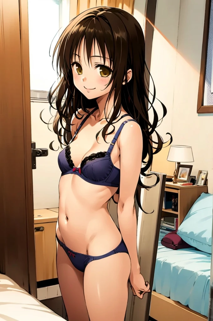1girl,solo,yuuki mikan,, ,brown hair,, ,1girl,,,small breasts,my room,standing,bra,panty,smile