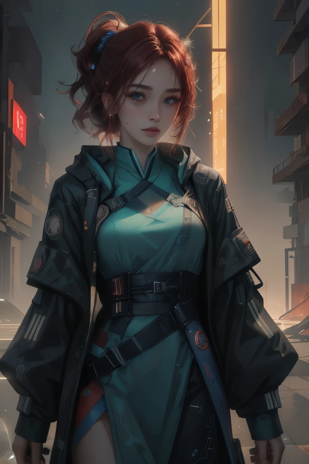 ((best quality)), ((Masterpiece)), (details:1.4), 3d, Image of a beautiful cyberpunk woman., HDR (high dynamic range), ผมหางม้าสูง, Red hair, PBR surface, After processing, Anisotropic filtration, depth of field, Maximum clarity and clarity, multi-layered surface, perfect proportions, 8K raw files, (Red, Hanfu), Cyber City, Starry sky, (Lighting Particles), Fog, lantern, หน้าอกใหญ่, Yoru, Brown and well-detailed eyes