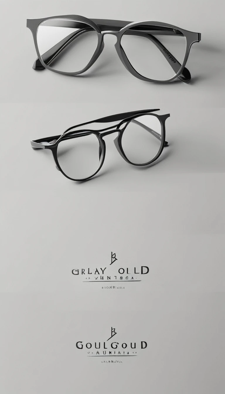 A minimal, modern, simple, cinematic logo design . Create a modern, minimalistic, high-quality, eyeglasses eyewear gray backgould