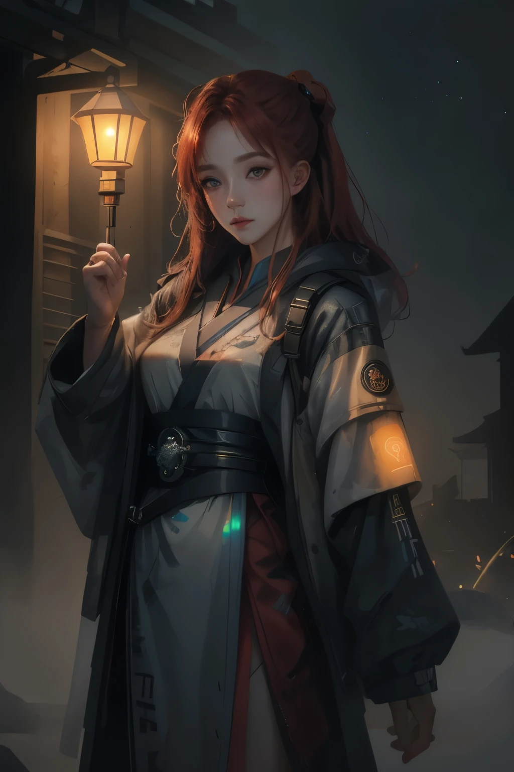 ((best quality)), ((Masterpiece)), (details:1.4), 3d, Image of a beautiful cyberpunk woman., HDR (high dynamic range), ผมหางม้าสูง, Red hair, (Red, Hanfu), PBR surface, After processing, Anisotropic filtration, depth of field, Maximum clarity and clarity, multi-layered surface, perfect proportions, 8K raw files, Cyber City, Starry sky, (Lighting Particles), Fog, lantern, หน้าอกใหญ่, Yoru, Brown and well-detailed eyes