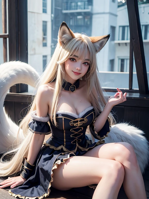 ((Highest quality)), ((masterpiece)), (Familiar), Perfect Face, fox lady, Pretty girl, Fox Ears, Fox tail, She has a northern fox tail, She wags her fluffy tail, fur collar, Beautiful hip line, Big , Thick thighs, A big tail growing out from under the skirt, Nice body, On all fours , Shyly staring at his tail, Only one tail, a shy face