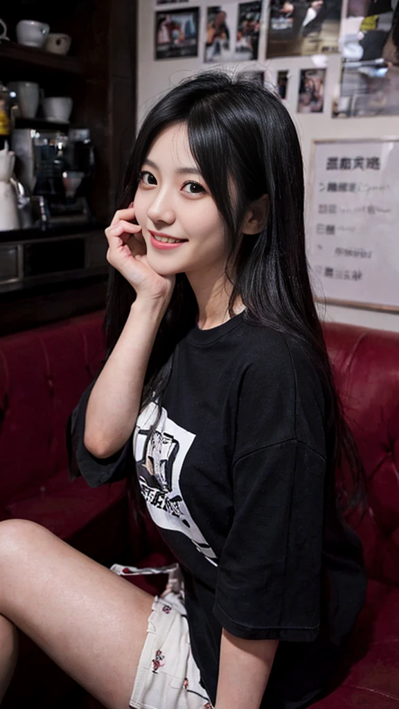 A sexy hot young and beautiful Japanese woman smiling in a cafe. She has long black hair and fair skin, and she is wearing a Tshirts.The background is her room.The woman is covering her mouth with her hand. The atmosphere is warm and friendly