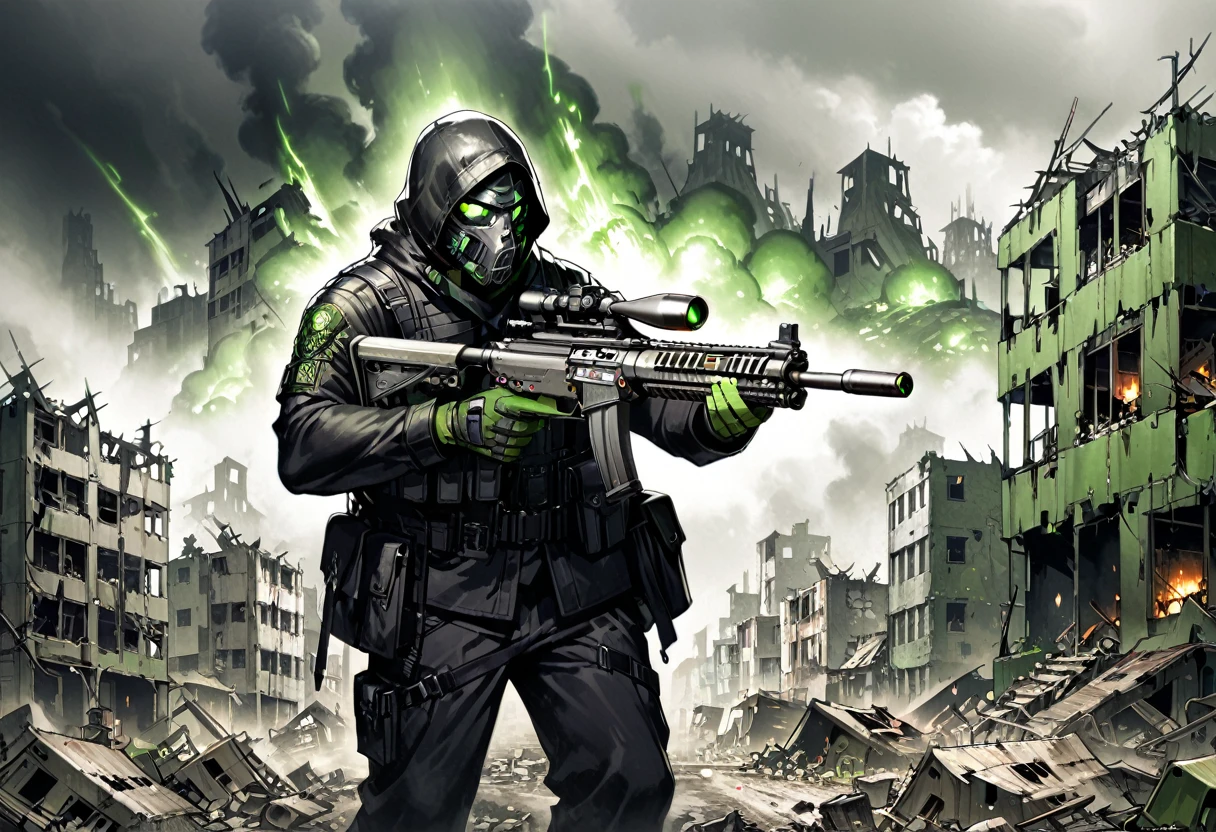 1man, russian, 40 years old, Character Design and Doomsday, Details, glowing steelgreen eyes, detailsTextured Skin, Black leather coat, Tactical masks, Holding a gun, aim action,(aim:1.2), Modified firearm, modify heavy firearms, ((destroyed town, apocalypses town,)