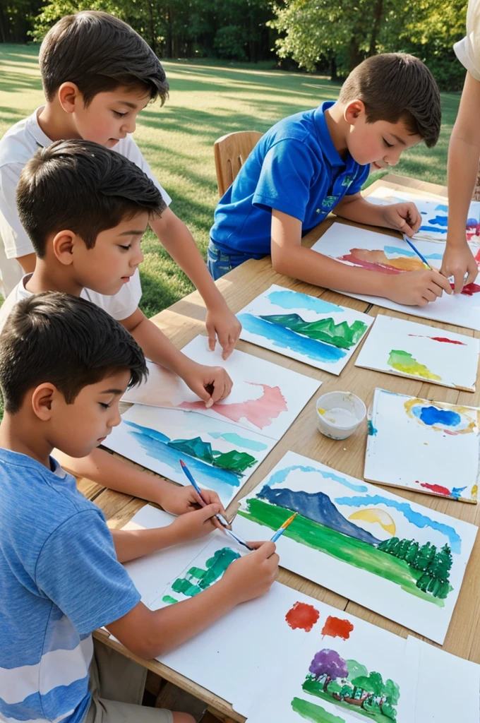 Fifth grade boys and girls painting landscape on white sheets with watercolor 