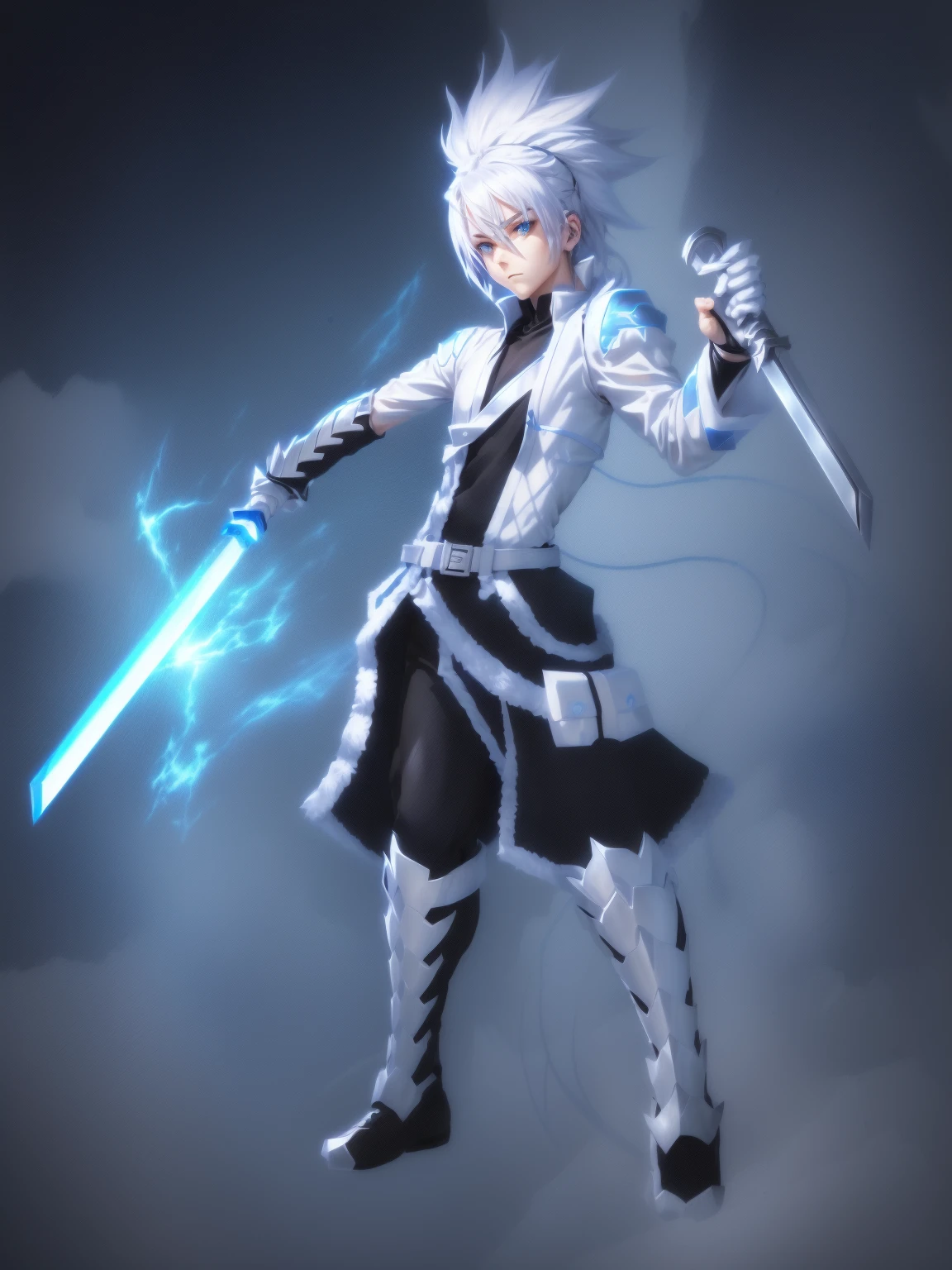 sketches of a drawing of a androgynous young boy with 2 swords, Kilua from hunter x hunter, an anime drawing, detailed fanart, hero 2d fanart artsation, ( ( character concept art ) ), anime drawing, game art!!, with out shading, anime shading), dramatic wielding sword pose, anime shading, white hair, glowing blue eyes, pale skin, black ninja pants, black vest, blue belts, short blue jacket, long hair, long ponytail 