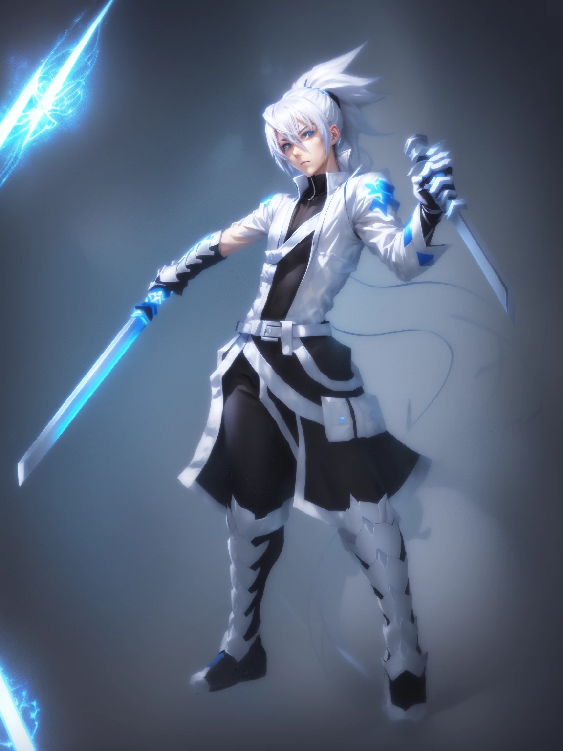 sketches of a drawing of a androgynous young boy with 2 swords, Kilua from hunter x hunter, an anime drawing, detailed fanart, hero 2d fanart artsation, ( ( character concept art ) ), anime drawing, game art!!, with out shading, anime shading), dramatic wielding sword pose, anime shading, white hair, glowing blue eyes, pale skin, black ninja pants, black vest, blue belts, short blue jacket, long hair, long ponytail 