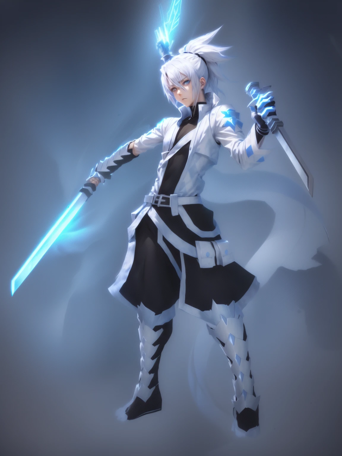 sketches of a drawing of a androgynous young boy with 2 swords, Kilua from hunter x hunter, an anime drawing, detailed fanart, hero 2d fanart artsation, ( ( character concept art ) ), anime drawing, game art!!, with out shading, anime shading), dramatic wielding sword pose, anime shading, white hair, glowing blue eyes, pale skin, black ninja pants, black vest, blue belts, short blue jacket, long hair, long ponytail