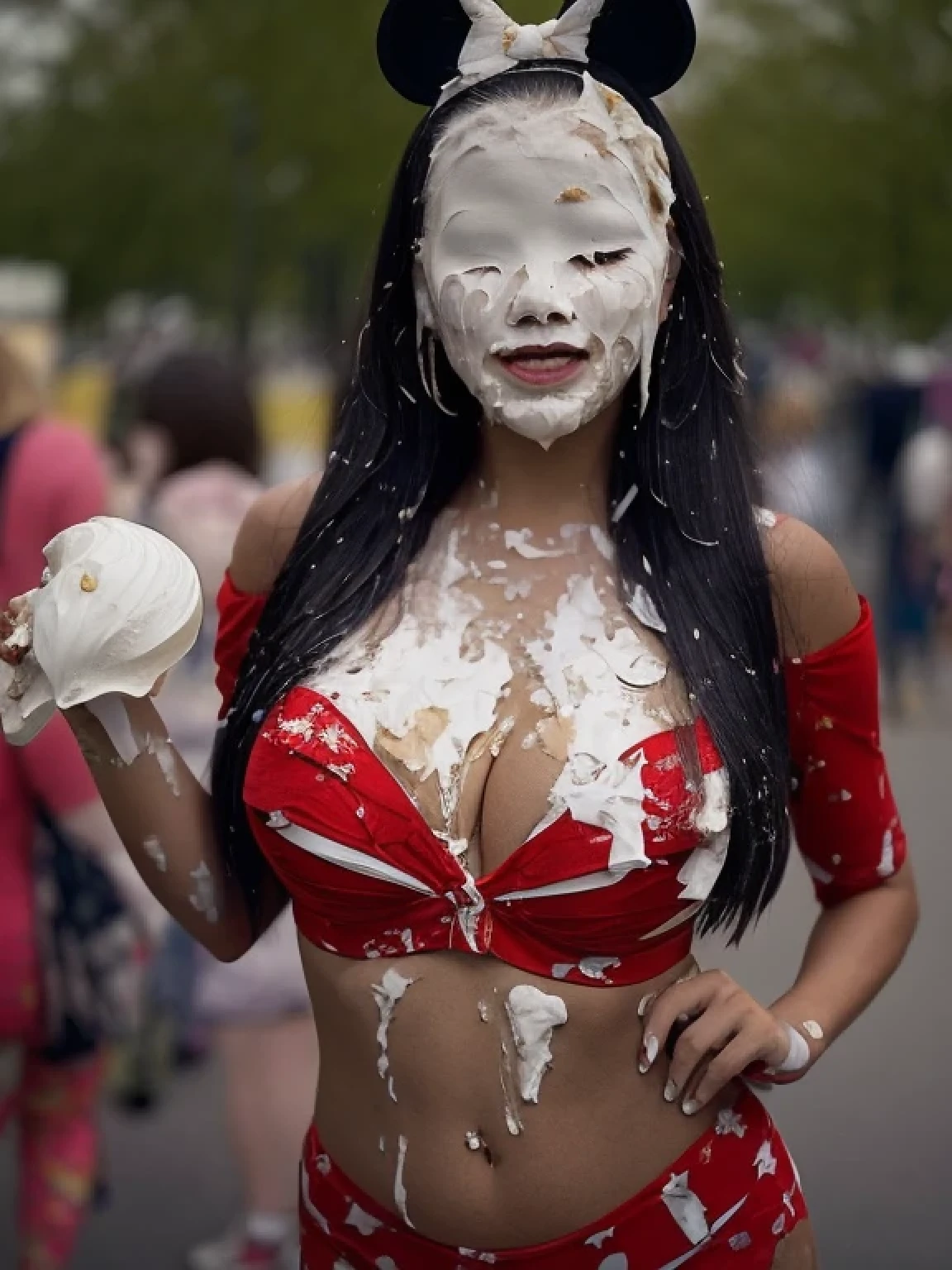 (photo:1.2), (photorealistic:1.4), extreme realism, super detailed, high resolution, very detailed, best quality, 8k, DSLR photo, , alluring, sultry, detailed skin, detailed skin texture, realistic skin, best quality, Asian woman, mascara, (whipped cream, whipped cream on face: 1.1), disney world, f/1.4 aperture, 35mm, minnie mouse costume, cleavage, pie fight, pie in the face, (pie crumbs on face: 1.1)