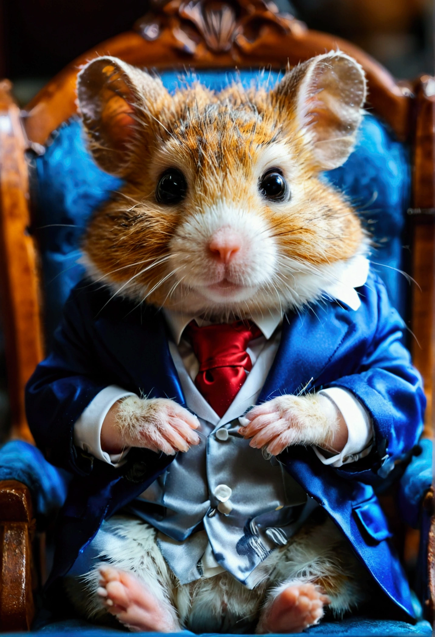 hamster in a blue suit and tie sitting in a chair, hamster in a tuxedo, corporate boss