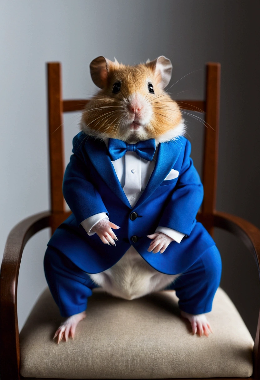 hamster in a blue suit and tie sitting in a chair, hamster in a tuxedo, corporate boss