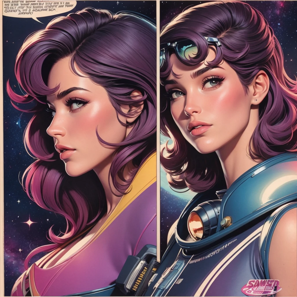 ultimate best quality,beautiful woman,speech bubble,big brest,galaxy,60s,70s,80s,colorful,cosmo,space,sunglass, profile view, head to shoulders, 1 woman