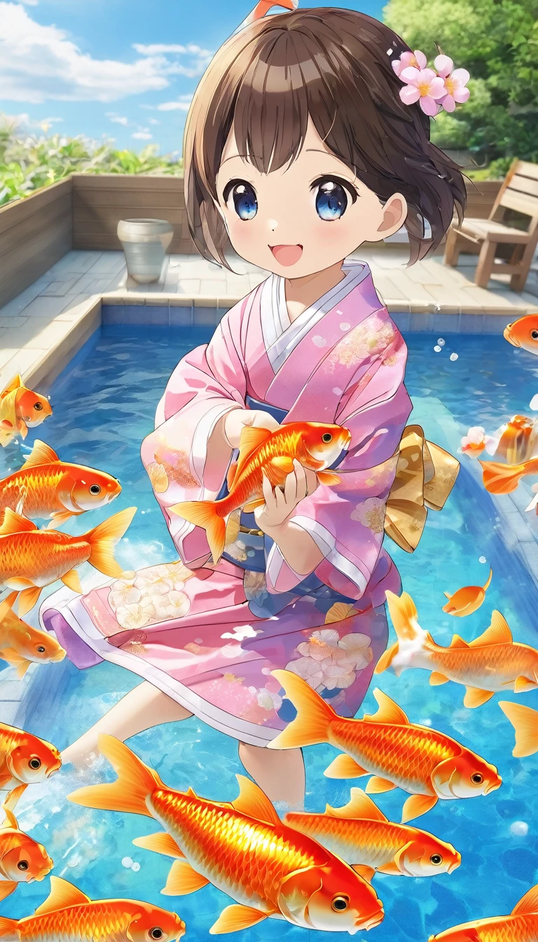 Pool Party, Air Pool, Air Poolの中に金魚, Goldfish scooping, Children wearing yukata, Children with big smiles, Air Poolの周りで触って金魚掬いをする子供たち
