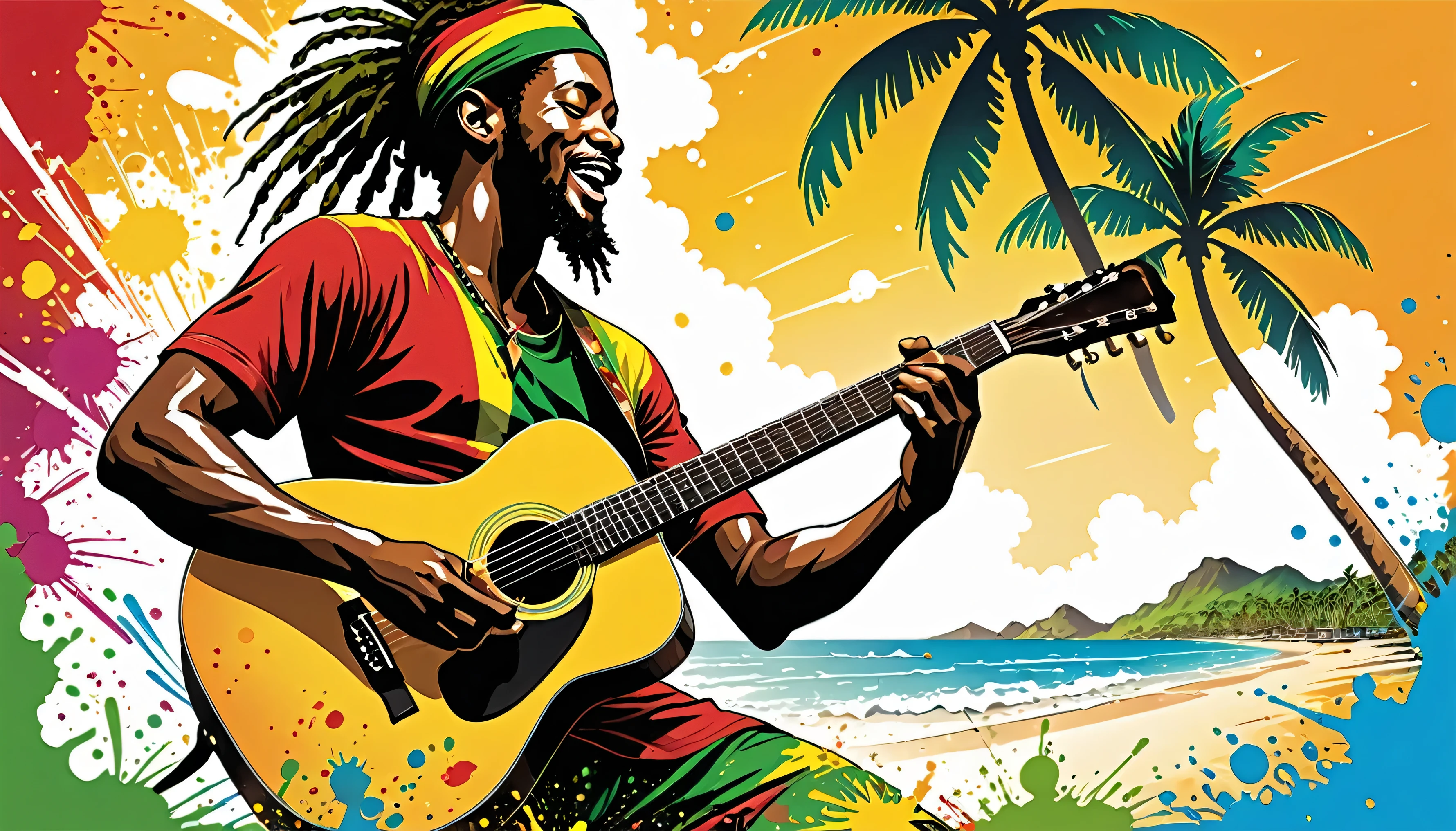 Vector art, Lots of Jamaican Reggae, Authentic Jamaican reggae music atmosphere，Color illustrations, in the center, Vibrant colors, Paint splatters and stains, High detail, 
Palm tree,A man is playing the guitar,Beach
