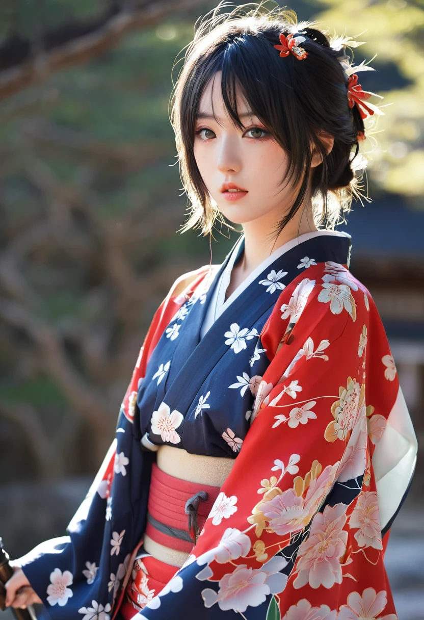 beautiful, masterpiece, best quality, Extremely detailed face, Perfect lighting, 1 Girl, Solitary, Makai Ryuko, Japanese clothes, kimono, short kimono, Cowboy shooting