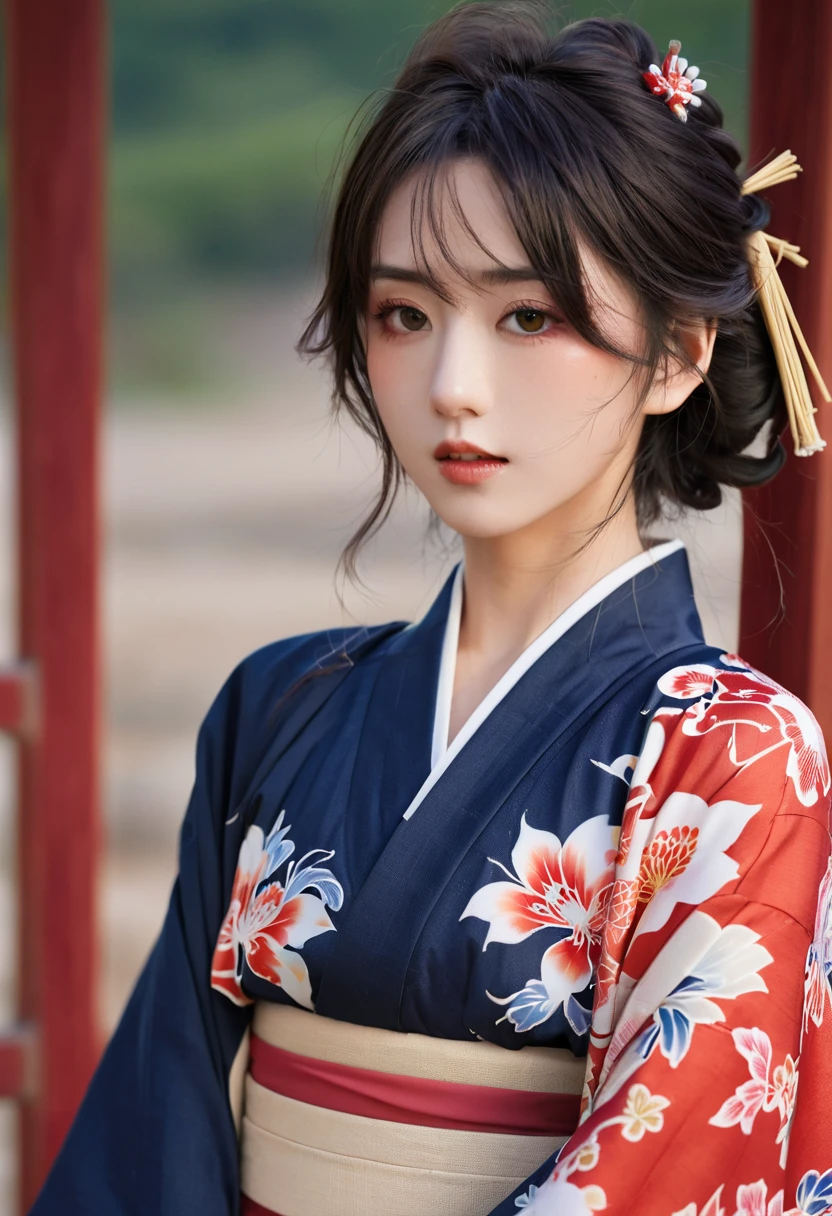 beautiful, masterpiece, best quality, Extremely detailed face,  Perfect lighting, 1 Girl, Solitary,  Makai Ryuko, Japanese clothes, kimono, short kimono,  Cowboy shooting