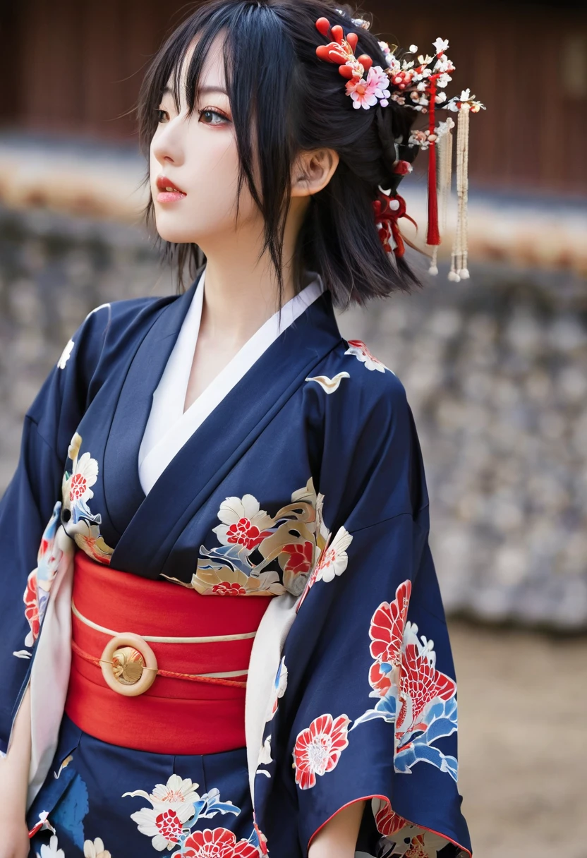 beautiful, masterpiece, best quality, Extremely detailed face,  Perfect lighting, 1 Girl, Solitary,  Makai Ryuko, Japanese clothes, kimono, short kimono,  Cowboy shooting