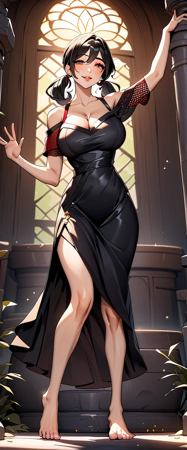 Photo of a woman with natural skin, Cowboy Shot, Dynamic pose, Smiling, High Twintails, Black hair with red mesh, Sharp eyes with red eyeshadow, Shining eyes, A thin, upturned nose, Well-shaped lips, ((Black off-the-shoulder dress, Thin shoulder straps)), Big Breasts, barefoot, Makeup, Exquisitely crafted with the utmost attention to detail, Vibrant, amazing, Smooth, Cinematic, 4K, Backlight, ((A wide grassland with a beautiful starry sky)), Shallow depth of field, ((Detailed eyes:1.3, Detailed lips:1.3, high quality, )), masterpiece, Super detailed images, High quality