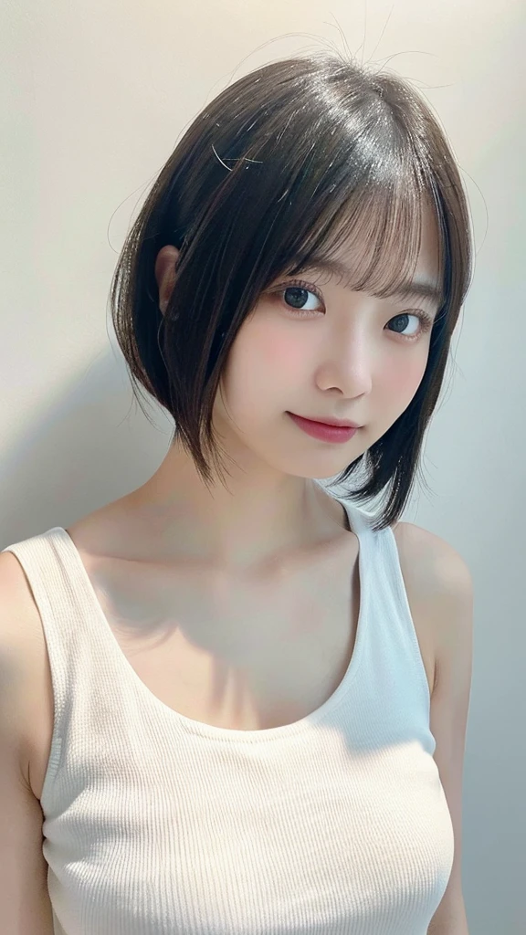 (Highest quality, 8K, 32k, masterpiece, Ultra-high resolution:1.2),Beautiful Japanese Women Photos, Very short bob hair,Upper Body,Face Focus,(White tank top), Simple Background, From above, View your viewers,