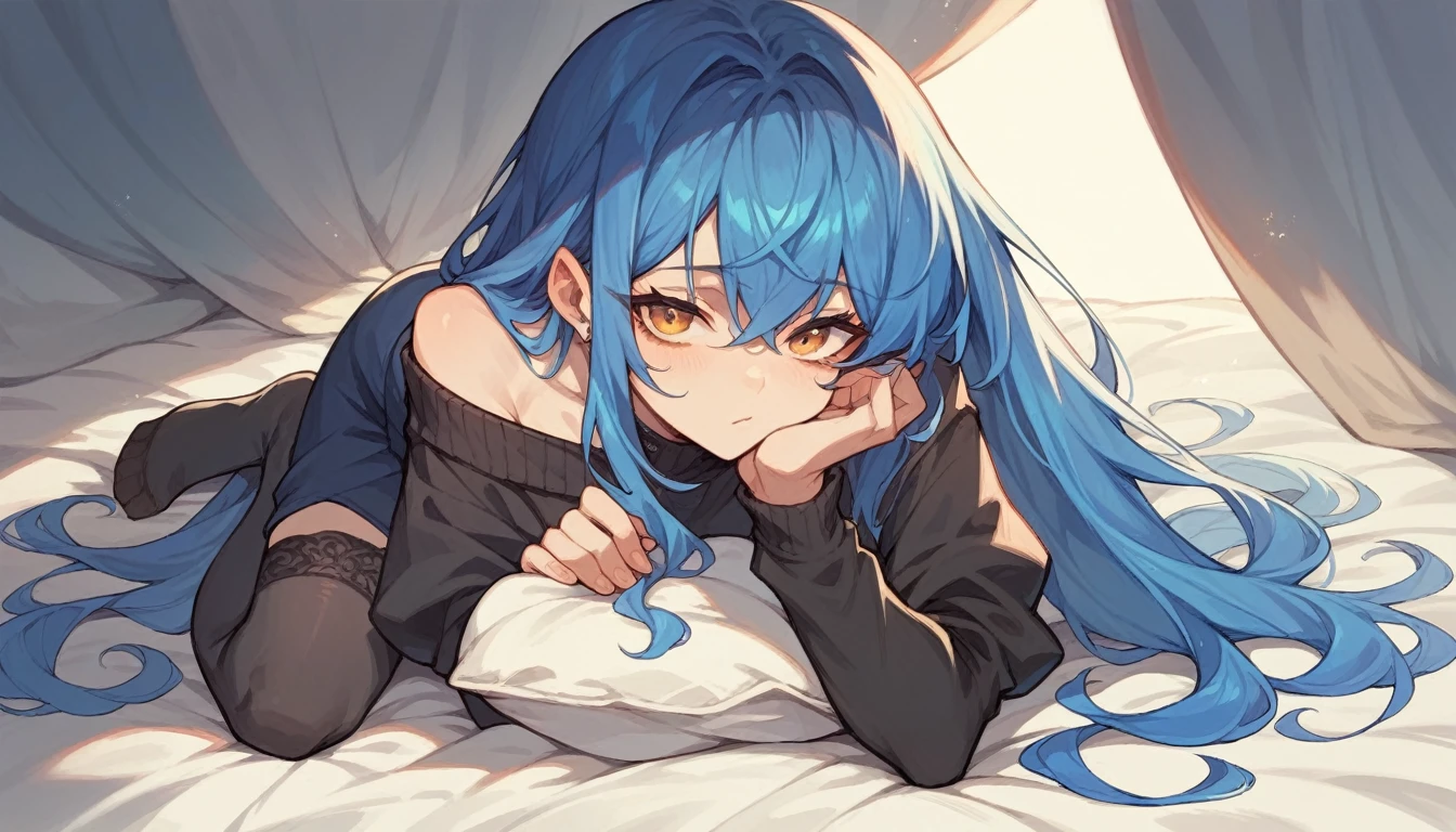 anime style,girl,straight face,front,blue hair,black stockings