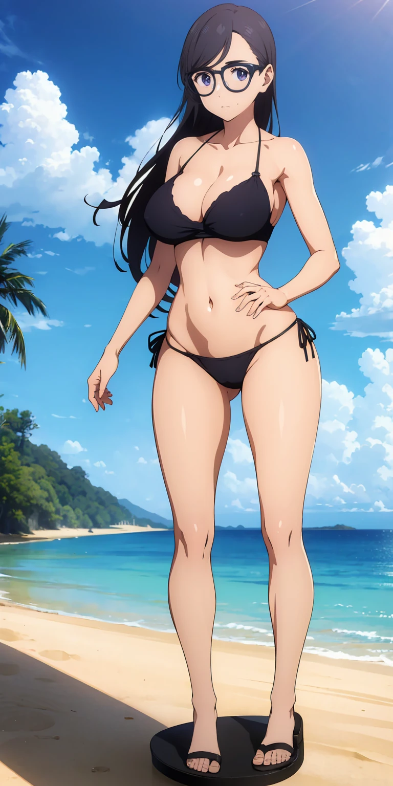 Anime girl, 3D art, standing on sand (stand), 1 girl (solo), hourglass figure, looking at viewer, shy face, blush face, long hair, black hair, blue eyes, usual beach (clouds on the background), wearing a black bikini (bikini bra, bikini panties), ultra resolution, high detailed, a Head with good anatomy, a body with good anatomy, a hands with good anatomy, a legs with good anatomy, well drawn navel, open navel (visible navel), full body view, visible legs, big size chest (big size boobs), wearing glasses, wearing sandals