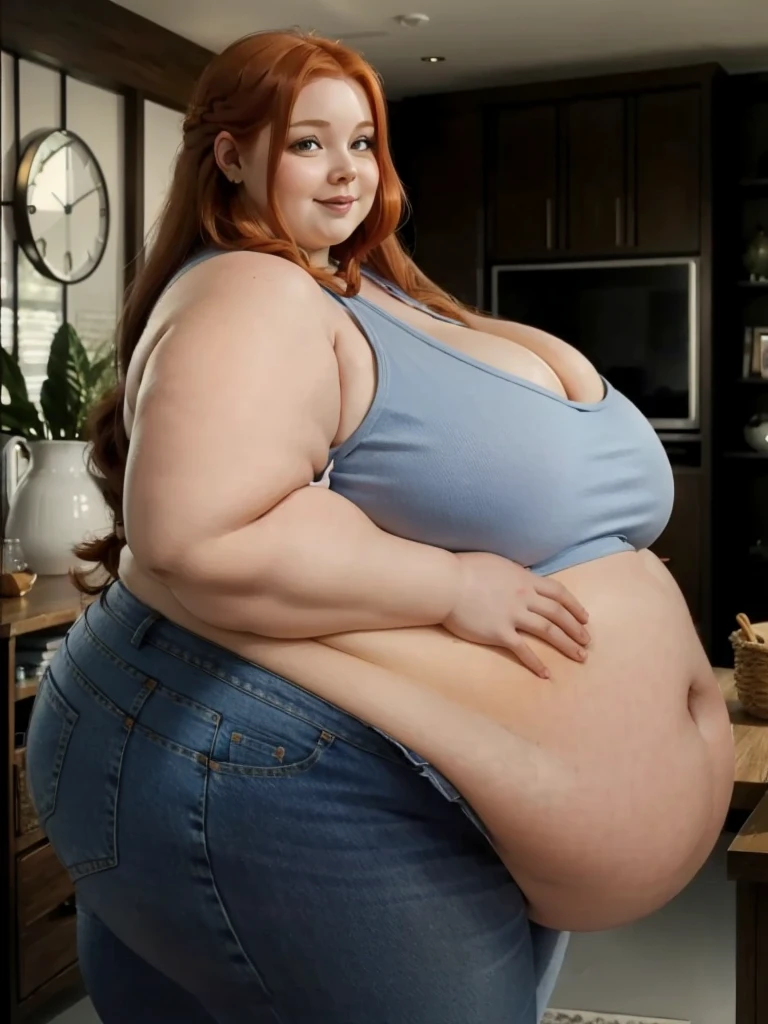 A happy, sidewiev photo of a young redhead ssbbw with long braided ginger hair, very very Huge soft hanging sideview fat belly, her belly hanging over her sideview thights, very obese fat arms, huge butt, cute pretty face, fat huge breasts in a summer top and jeans, holding her huge hanging belly in a modern livingroom