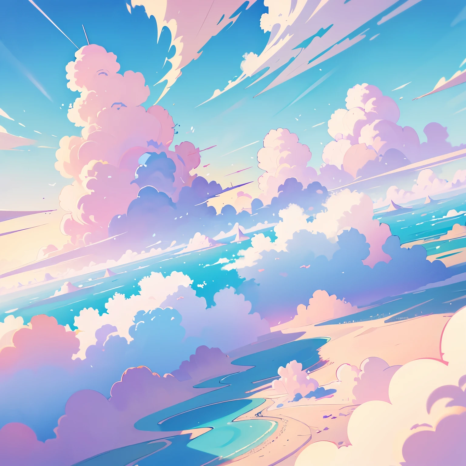 aerial shot, pastel tones, animated background, no people, sight, summer, sky, cloud, blurred background, masterpiece, best quality, hyper detail, --v6
