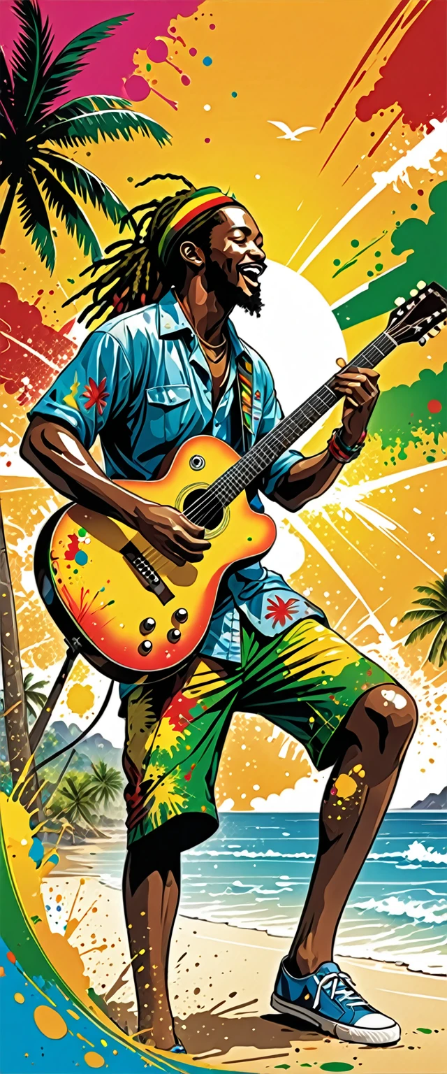 Vector art, Lots of Jamaican Reggae, Authentic Jamaican reggae music atmosphere,Color illustrations, in the center, Vibrant colors, Paint splatters and stains, High detail,
Palm tree,A man is playing the guitar,Beach