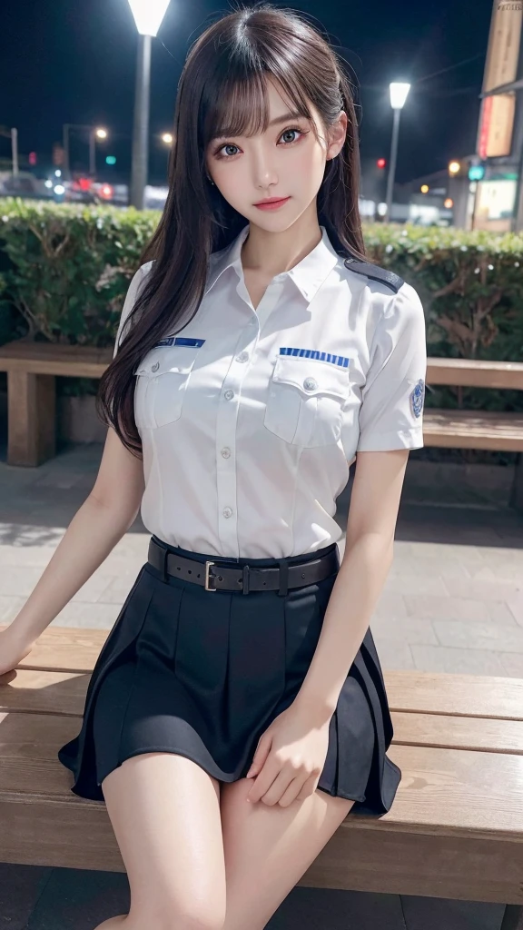 An innocent 20 year old girl、((Japanese police officer, Sexy police uniform, skirt, Cute and elegant, Dramatic poses)),smile,Night City Background,shortcut、raw image, (8K、Highest quality、Masterpiece:1.2)、(complicated details:1.4)、(Virtual image:1.4)、Octane rendering、Sophisticated 3D renderings provide exceptional detail., soft light studio, Rim lights, lively details, Awesome details, realistic textures, profile face, Beautifully detailed eyes, Very detailed 16k CG Unity wallpapers., put on makeup, (Detailed background:1.2), Oily skin, full body,Take action、Spread your legs and show off your panties.,Sit on a bench