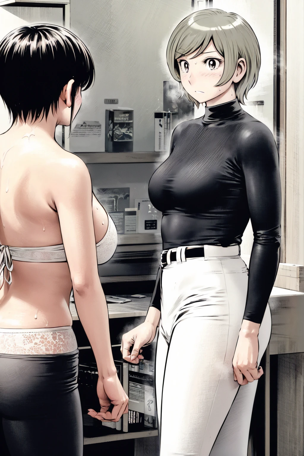 、(masterpiece、Highest quality)、Highest quality, Ultra-high resolution, (((masterpiece))), alone, Sweat、Big eyes,Tight black shirt、Tight white pants、belt、indoor、Composition from the front、(Cut the back hair short、short hair、blonde、woman)、Shortcuts、Embarrassed face、Cut your hair short、可愛いwomanの子、Big Breasts、office