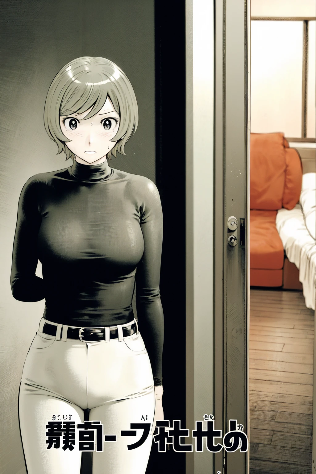 、(masterpiece、Highest quality)、Highest quality, Ultra-high resolution, (((masterpiece))), alone, Sweat、Big eyes,Tight black shirt、Tight white pants、belt、indoor、Composition from the front、(Cut the back hair short、short hair、blonde、woman)、Shortcuts、Embarrassed face、Cut your hair short、可愛いwomanの子、Big Breasts、office