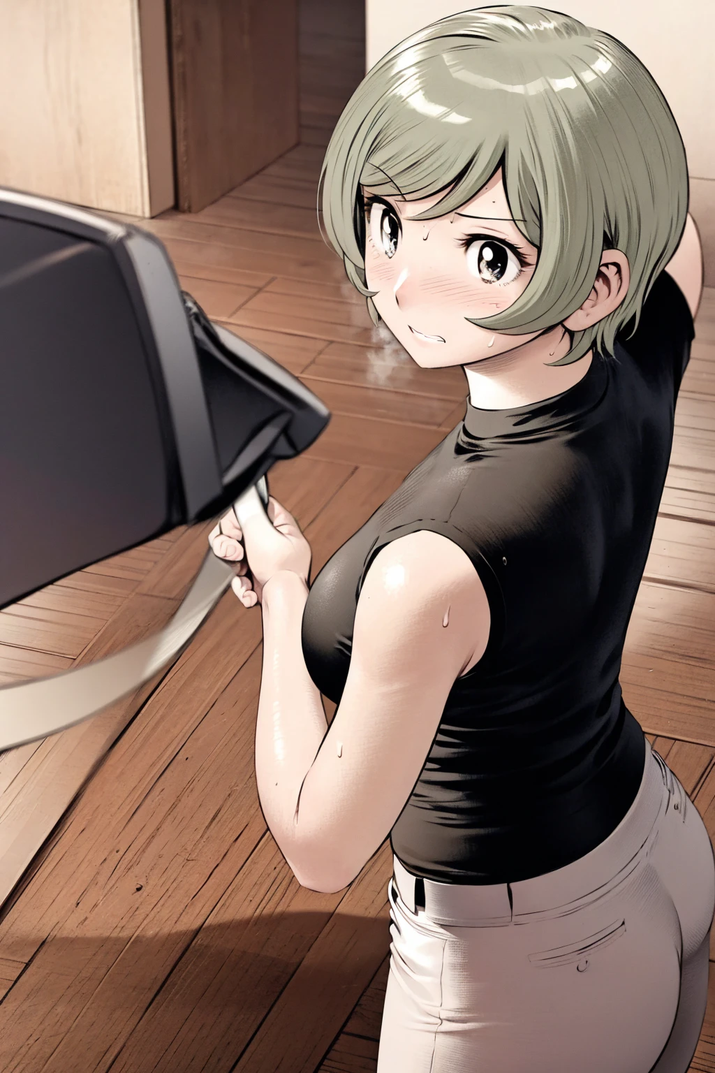 、(masterpiece、Highest quality)、Highest quality, Ultra-high resolution, (((masterpiece))), alone, Sweat、Big eyes,Tight black shirt、Tight white pants、belt、indoor、Composition from the front、（Cut the back hair short、short hair、blonde、woman）、Shortcuts、Embarrassed face、Cut your hair short、可愛いwomanの子、Big Breasts、office