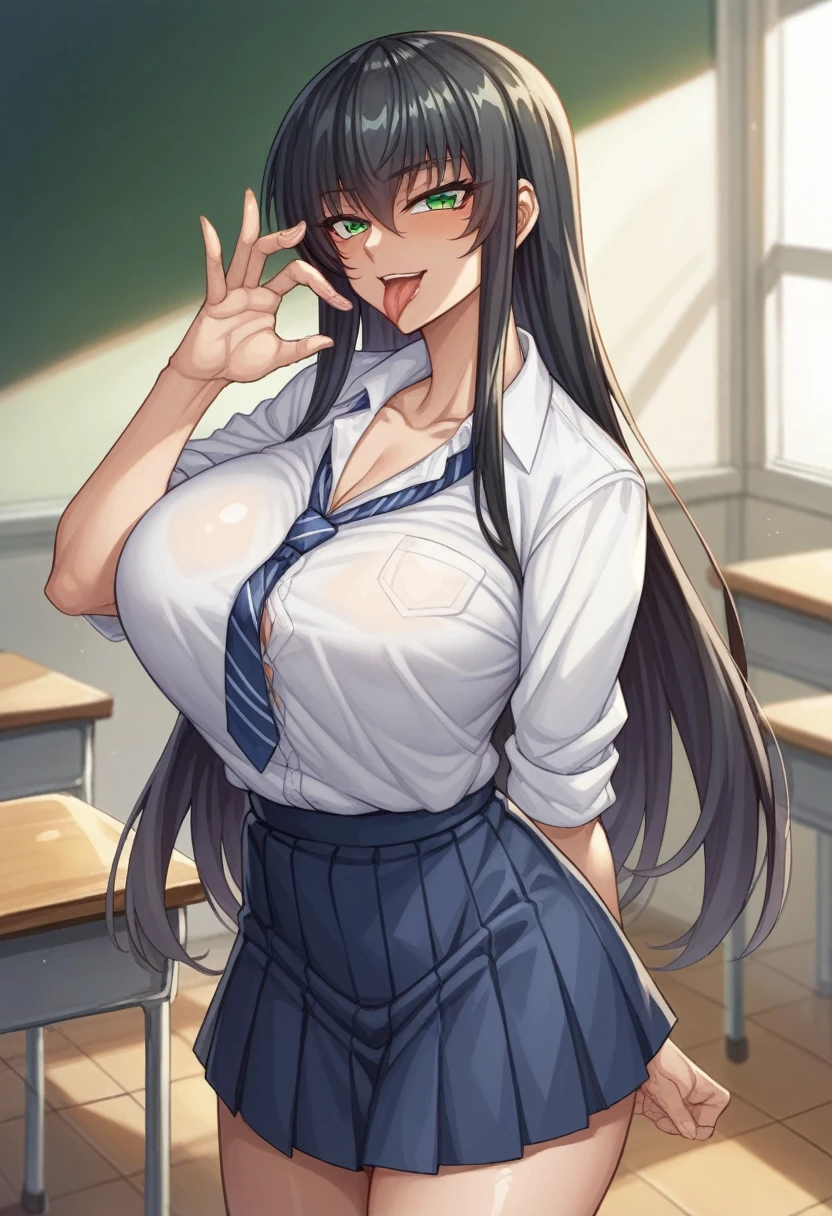 Taimanin Asagi、Asagi Igawa、Black Hair、Green Eyes、Long Hair、Huge breasts、high school student、smile、School、classroom、skirt、Open neck．The neck is open、Licking gesture