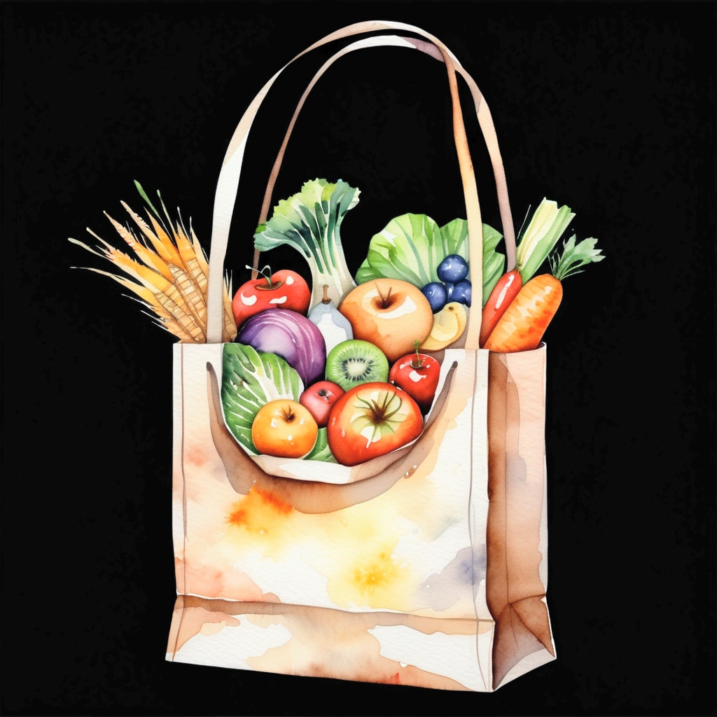 grocery bag with a lot healthy food, illustration, isolated with solid black background, surrounded with negative space, centered composition, 8k, highest detailed painting, very precise painting, Isolated, clear solid black background, perspective angle of view, cartoon style, ((watercolor)),