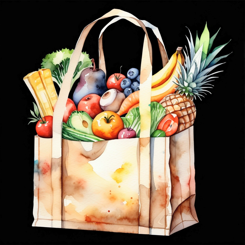 grocery bag with a lot healthy food, illustration, isolated with solid black background, surrounded with negative space, centered composition, 8k, highest detailed painting, very precise painting, Isolated, clear solid black background, perspective angle of view, cartoon style, ((watercolor)),