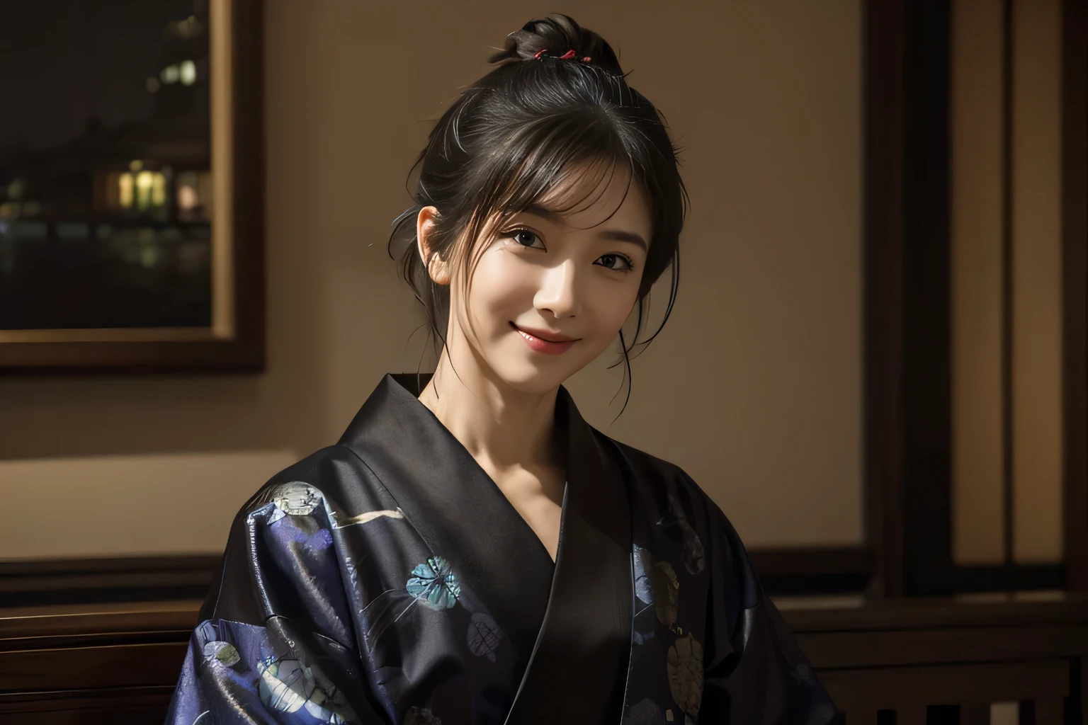 A close up of a woman in a kimono sitting on a bench - SeaArt AI