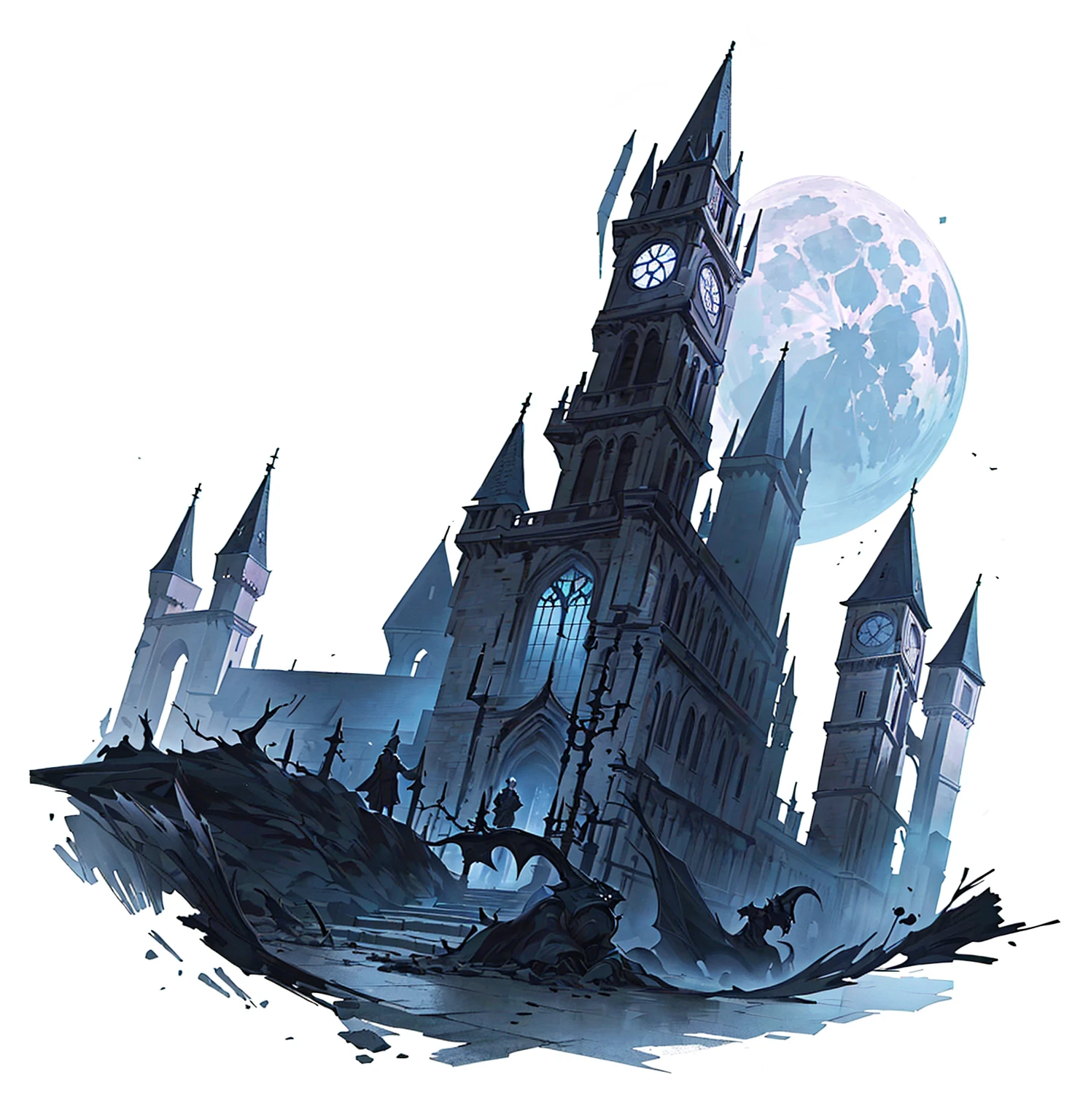 There is a black and white photo，Above is a castle with a bell tower, shadowy castle background, Castle scene cartoon,Fifth personality style,Anime style， Dark Castle Background, Moon Painted Tower, Inspired by Castlevania, Dark Castle Setting, Bloodborne Art, Bloodborne Cathedral, background technology, Gothic castle, Bloodborne concept art, Bloodborne style, Hollow Knight concept art, scarry castle). mystery