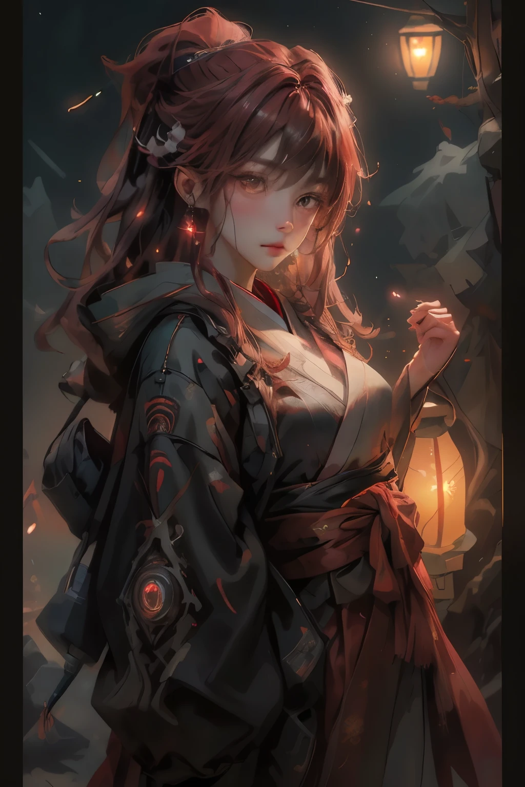((best quality)), ((Masterpiece)), (details:1.4), 3d, Image of a beautiful cyberpunk woman., HDR (high dynamic range), ผมหางม้าสูง, Red hair, (Red, Hanfu), PBR surface, After processing, Anisotropic filtration, depth of field, Maximum clarity and clarity, multi-layered surface, perfect proportions, 8K raw files, Cyber City, Starry sky, (Lighting Particles), Fog, lantern, หน้าอกใหญ่, Yoru, Brown and well-detailed eyes