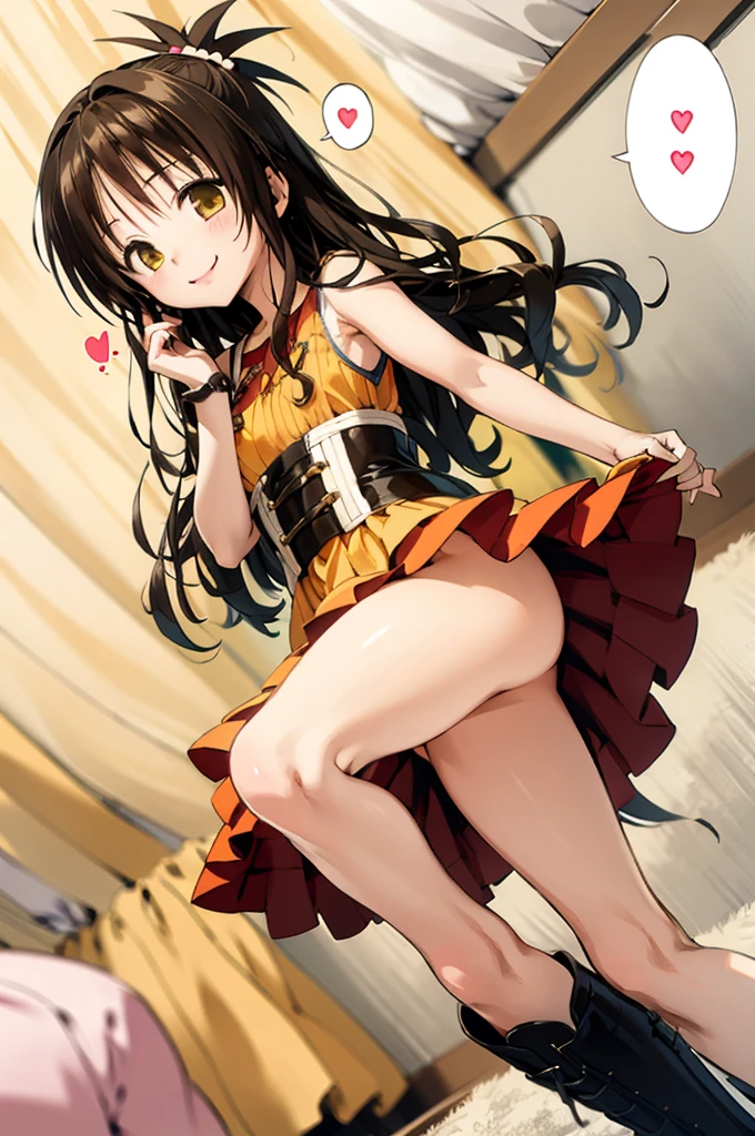 1girl,solo,yuuki mikan,, ,brown hair,, ,1girl,,,small breasts,(spoken heart),(((idol costume))),my room,sleeveless,miniskirt,boots,smile