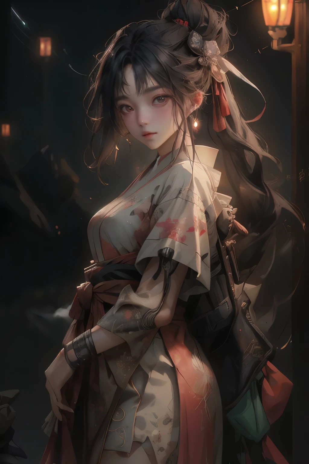 ((best quality)), ((Masterpiece)), (details:1.4), 3d, Image of a beautiful cyberpunk woman., HDR (high dynamic range), ผมหางม้าสูง, Black hair, (Red, Hanfu), PBR surface, After processing, Anisotropic filtration, depth of field, Maximum clarity and clarity, multi-layered surface, perfect proportions, 8K raw files, Cyber City, Starry sky, (Lighting Particles), Fog, lantern, หน้าอกใหญ่, Yoru, Brown and well-detailed eyes