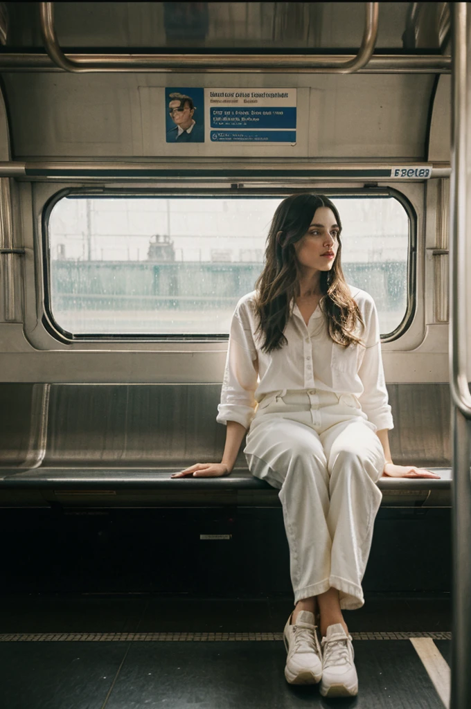 painting of a woman sitting in a subway car ((ONE WOMAN ONLY)) ((woman dressed in white)) modern dress, modern jeans pants, actual, Nick Alm, by Andrea Pozzo, Jeremy Lipking, range murata Jeremy Lipking, by Carlo Mense, inspired by Enrique Simonet, sargento marshénnikov, by Michael Ford, krenzcushart, Jeremy Lipking full length shot, by Josep Rovira Soler
