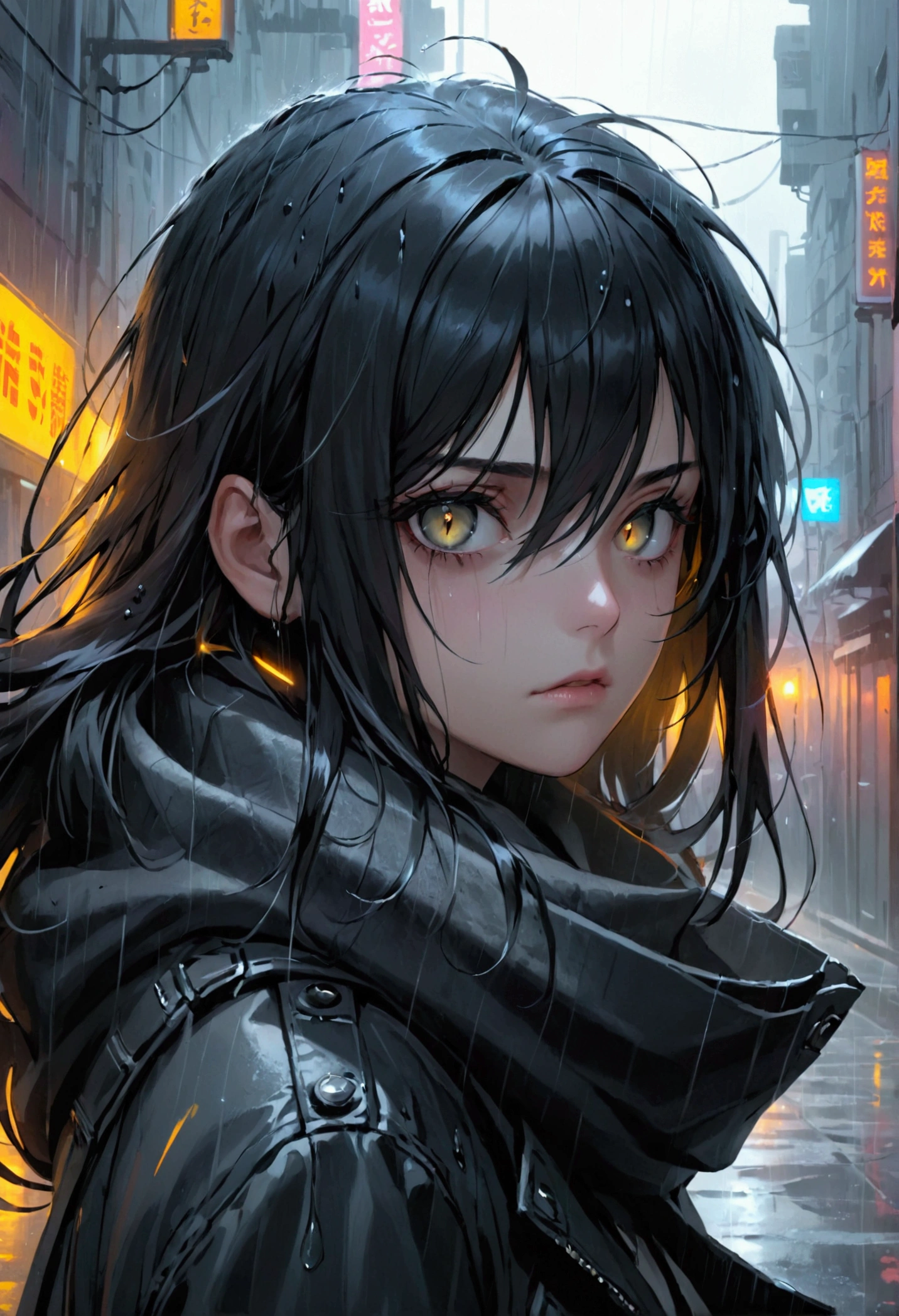 1girl, long black hair, beautiful silver eyes, a black jacket, scar on eye, menacing, gray scarf, raining, cyberpunk city, gloomy atmosphere